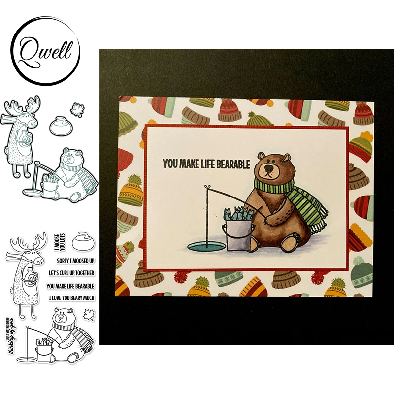 

QWELL Fatty Bear Elf Figure Cutting Dies and Clear Stamps Fish Leaves Curling DIY Scrapbooking Craft Paper Album Cards 2021
