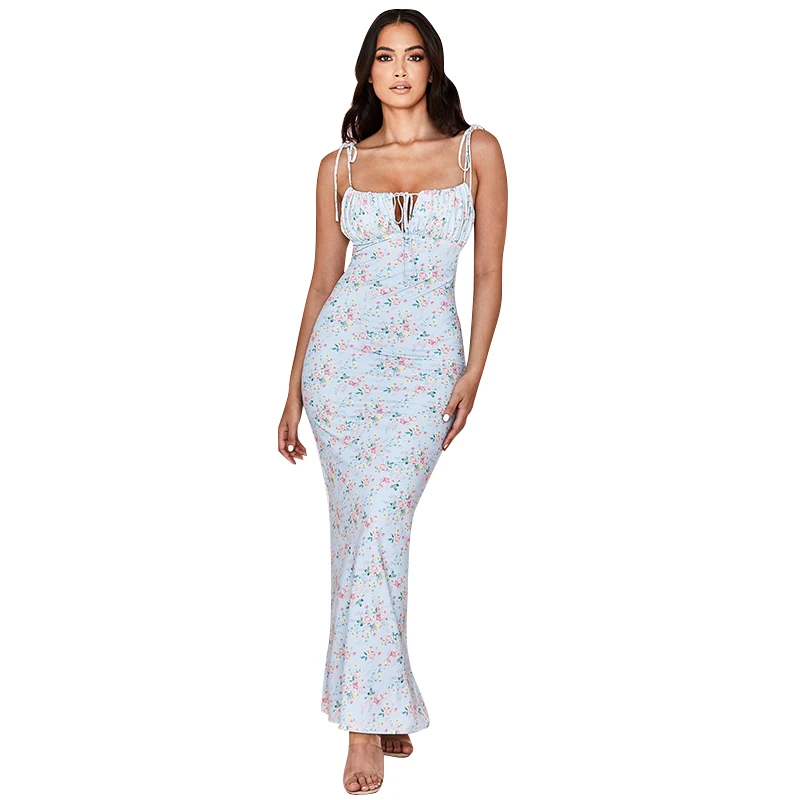 

Elegant Floral Print Maxi Dress Women Sleeveless Backless Party Club Dresses Women Summer Vintage Tie Front Dress Female CX1777