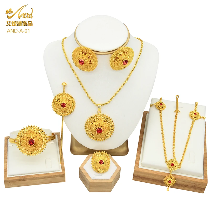 

Big Jewelry Set Arabia Bride Wedding For Women Ethiopia 24K Gold Plated Necklace Earrings Bracelet Ring Hairpin African Set