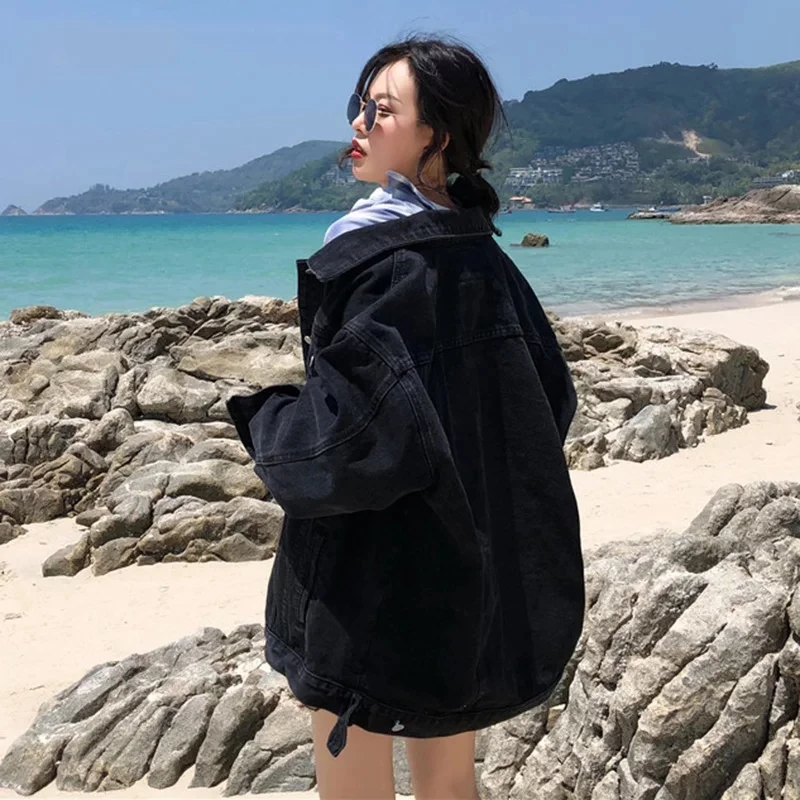 

Basic Jackets Women Retro BF Style Loose All-match Femme Black Denim Coats Hip Hop Mujer Harajuku Oversized Lady Outwear Couple