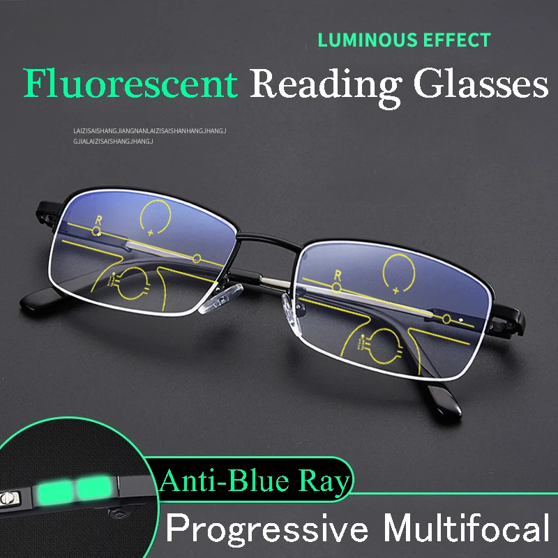 

Progressive Multifocal Fluorescent Reading Glasses Unisex Smart Zoom Anti-Blue Ray Business Glasses Memory Titanium Half Frame