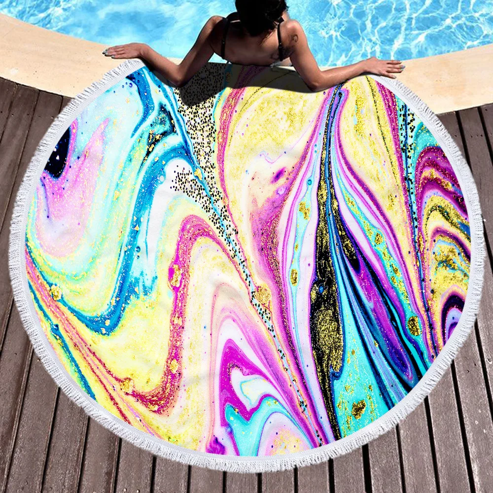 

150cm Big Round Beach Towel Colorful Quicksand Print Shower Bath Towels Creative Funny Abstract Beach Blanket Cover 2020 New