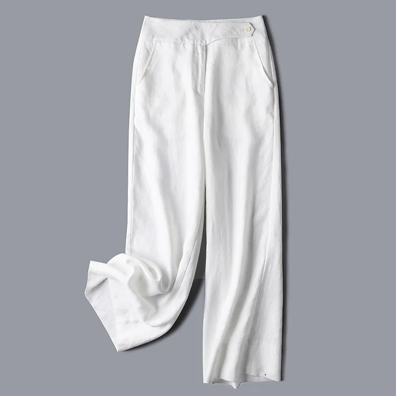 

2019 Spring Summer Casual Womens High Waisted White Wide Leg Linen Trousers , Korean Woman Clothes , Women Xxl Pants