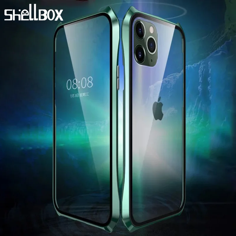 Двухсторонний стеклянный Магнитный чехол Shellbox для iPhone 11 Pro Max алюминиевый