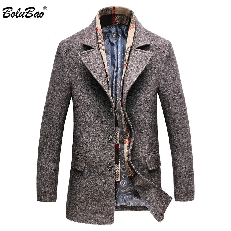 BOLUBAO Men Wool Blend Coats Winter New Men's Wool Trench Coat Quality Brand Thick Warm Wool Overcoat Male（Removable scarf）