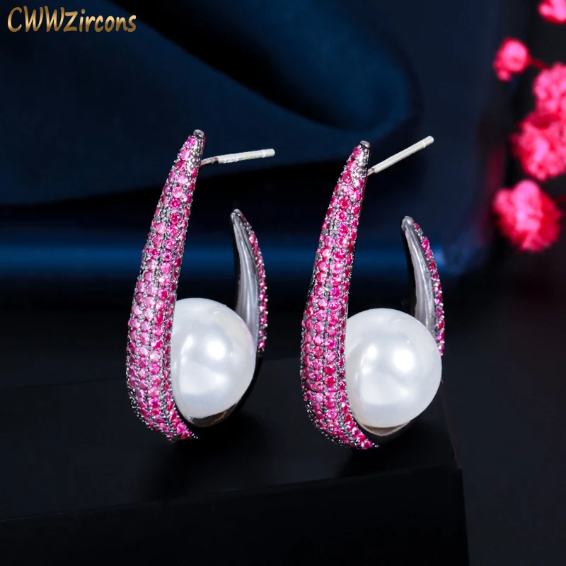 

CWWZircons Creative Half Round Micro Pave Hot Pink Cubic Zirconia Silver Pearl Drop Earrings for Women Unique Fine Jewelry CZ852