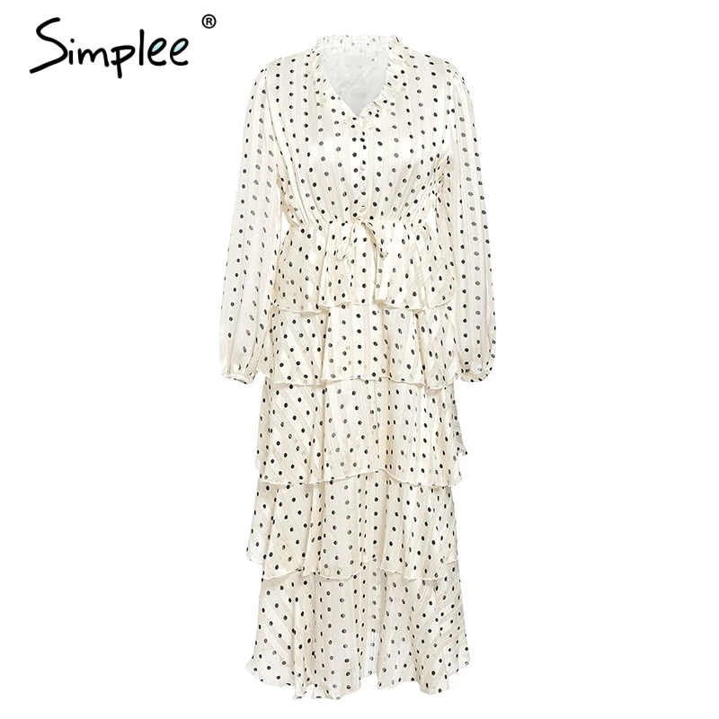 Simplee Elegant polka dots dress women Long sleeve ruffled long cake dresses female Vintage ladies evening party vestidos | Женская