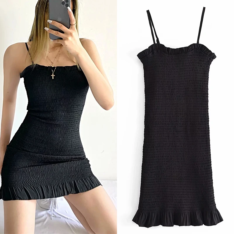 

WESAY JESI Za Ladies Clothing 2021 Summer Black Ruffled Fashion Retro Sexy Sling Stretch Dress Sleeveless Tight Party Mini Dress