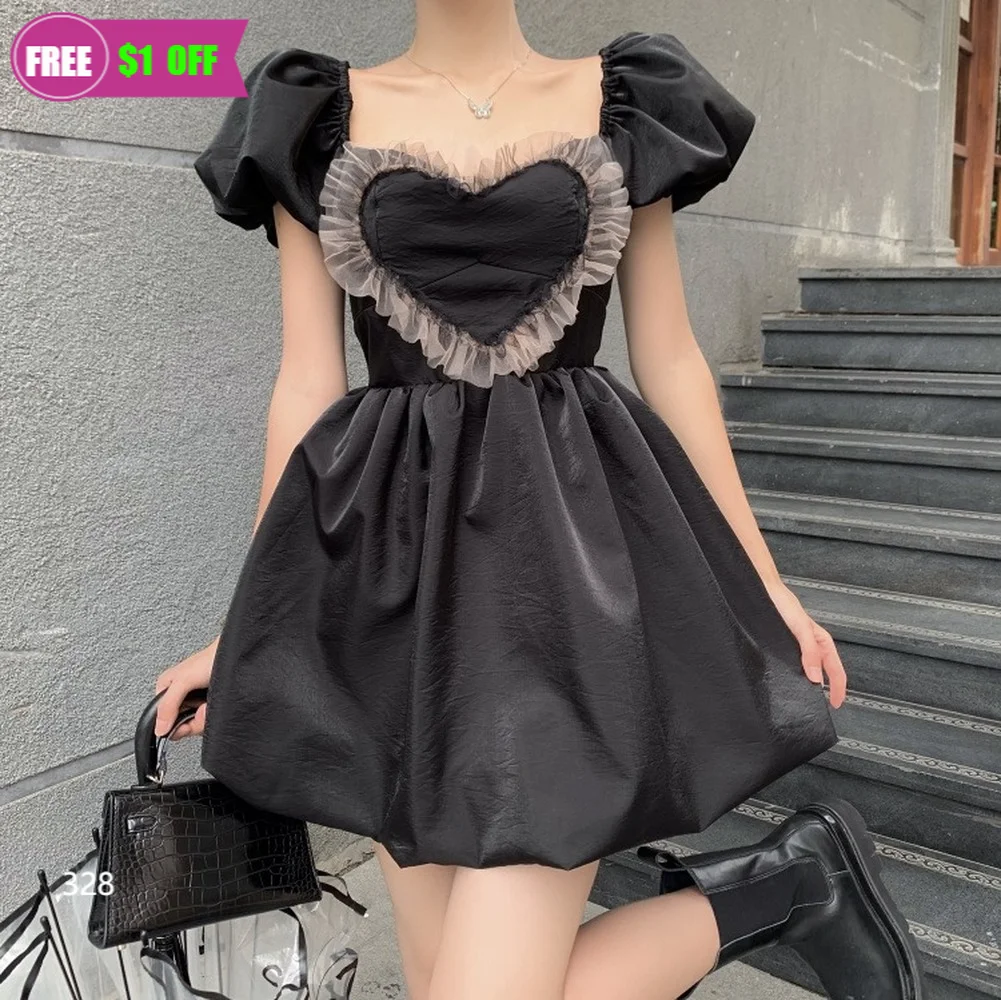 

Gothic Harajuku Black Mini Dress Summer Women Sweet Puff Sleeve Heart Shaped Lace Ruffles Party Dresses Girly Chic Holiday Dress