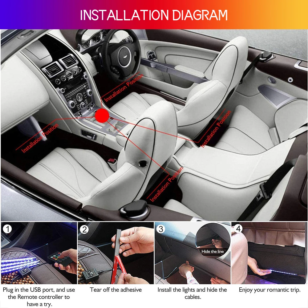

4PCS LED Car Light Strips Ambient Light 12V Colorful Interior Car Lights with Voice Control
