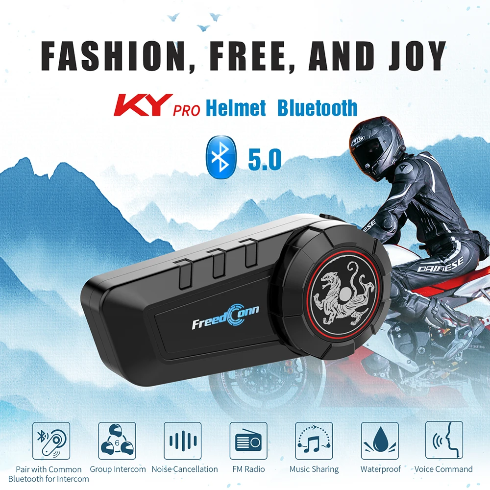 

FreedConn KY PRO Bluetooth 5.0 Motorcycle Intercom Helmet Headset 6 Riders Group Talking FM Radio Waterproof 1000M Interphone