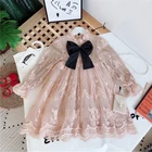 Осеннее кружевное платье для девочек; Красное рождественское платье с длинными рукавами и цветочным орнаментом; Платья для праздников и дней рождения и лента с бантом одежда для детей для От 3 до 8 лет повседневная одежда для малышей