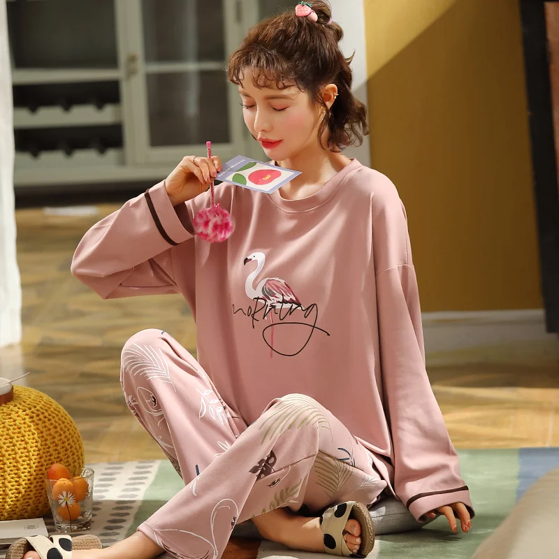 

New Arrival Spring 100%Cotton Cartoon Long Sleeve Female Pyjamas Round Neck Casual Loose Plus Size M-5XL Women Pajamas Set