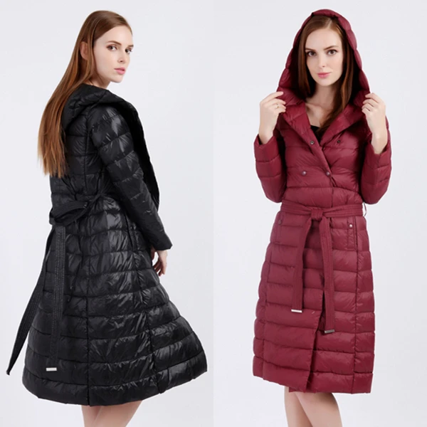 

Women Long Down Jackets 2019 New Winter Warm Hooded Coats Double-Breasted White Duck Down Outerwear Slim Fit Overoats with Belt