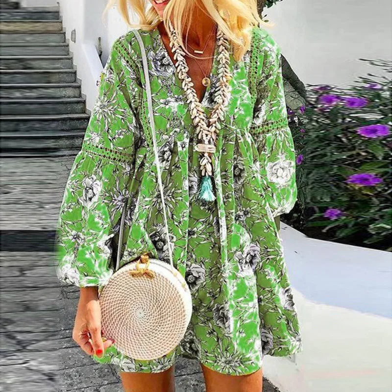 Для женщин ретро Цветочный принт пляжное платье элегантное с v-образным вырезом