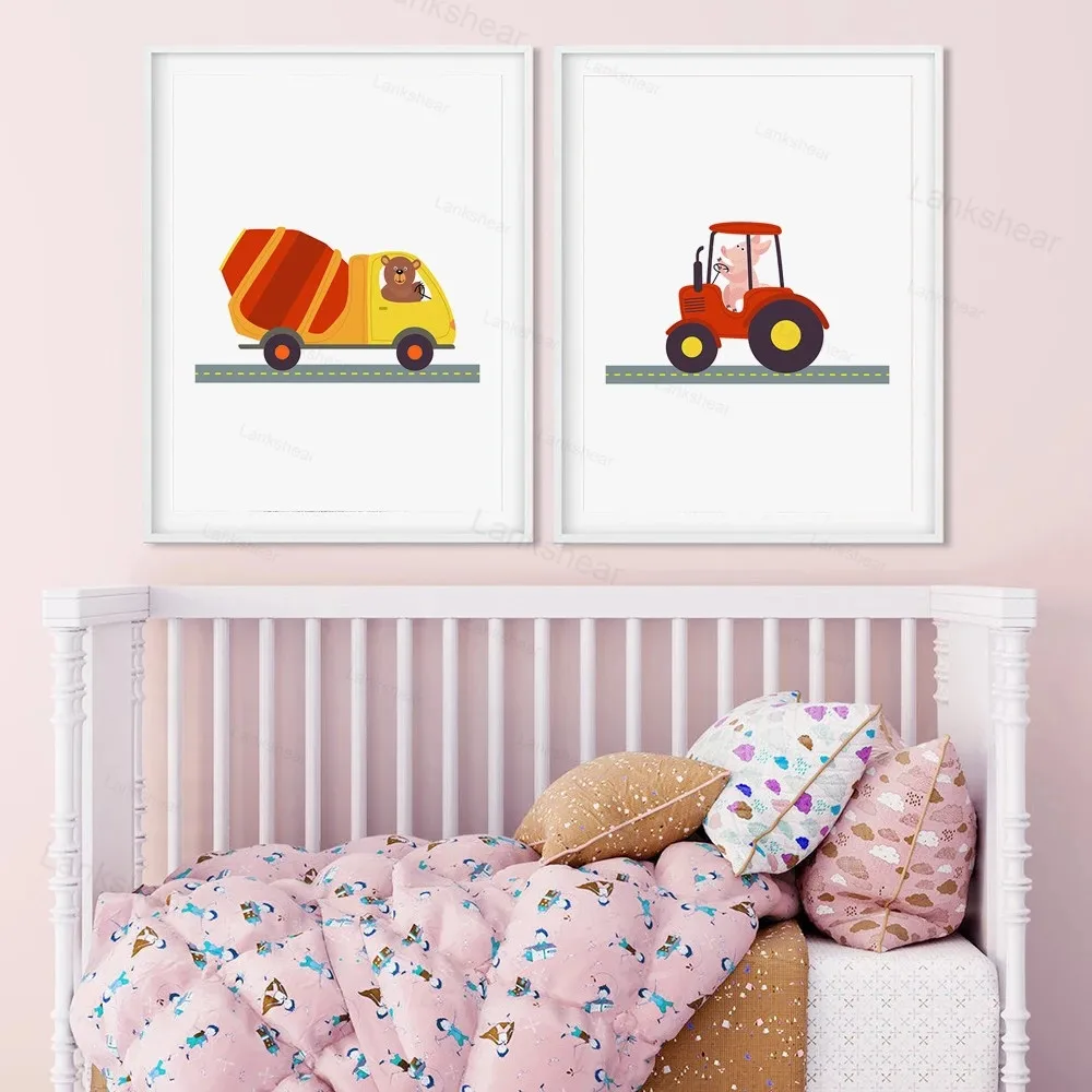 Мультяшный грузовик экскаватор трактор скандинавские плакаты и принты