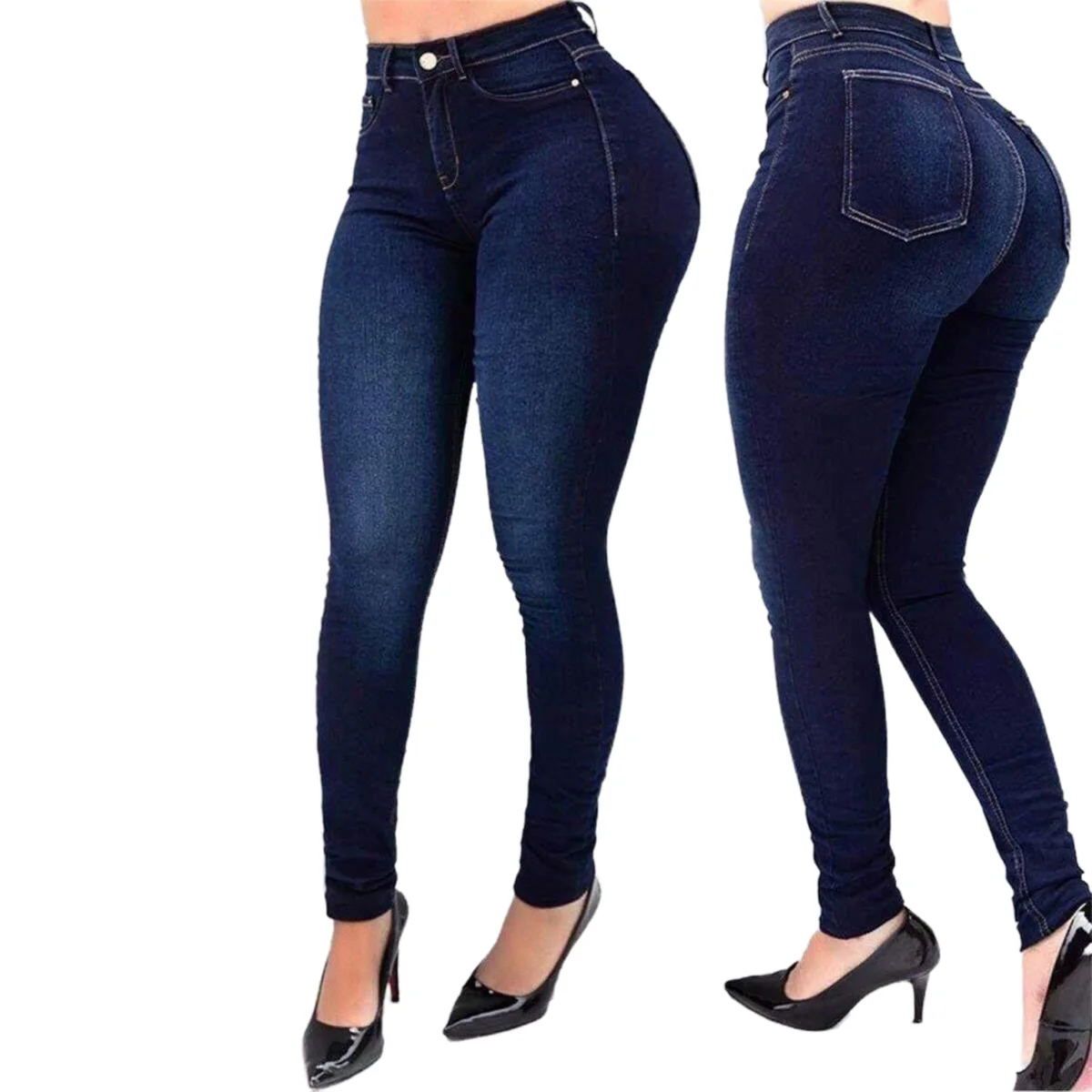 

SHZQ Women Korean Slim Fit Jeans Fashion Solid Color Stretch High-waist Casual Feet Denim Trousers