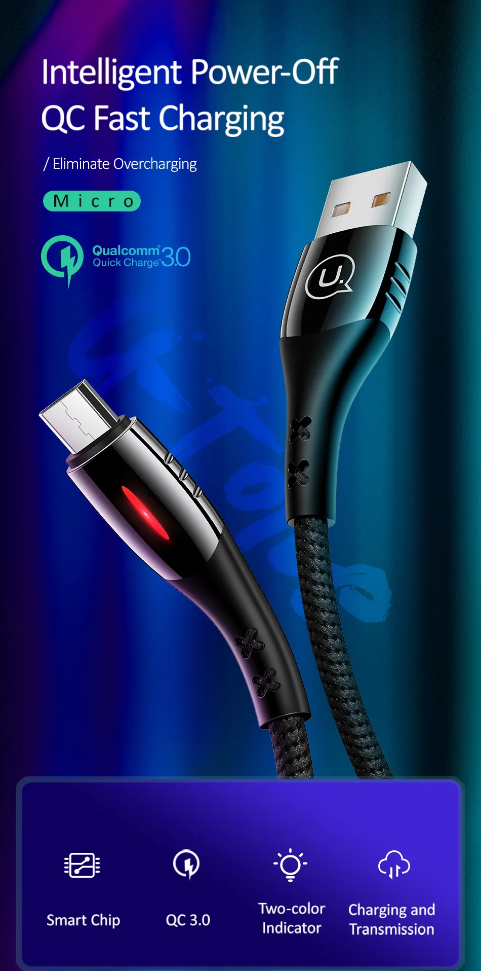 USAMS Micro USB Авто отсоединить кабель QC3.0 USB быстрая зарядка защита умный кабель отключения питания провод данных Android Мобильный Microusb