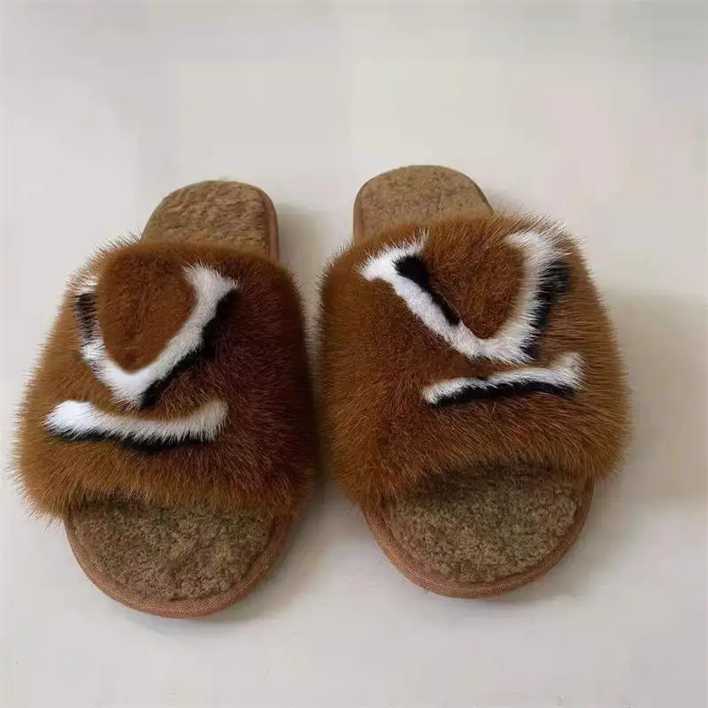 

New Real Mink Leather Luxury Slippers For Women Home Open-Toed Comfortable Wool Slides，Summer Sandals，Flat-Heeled Flip Flops