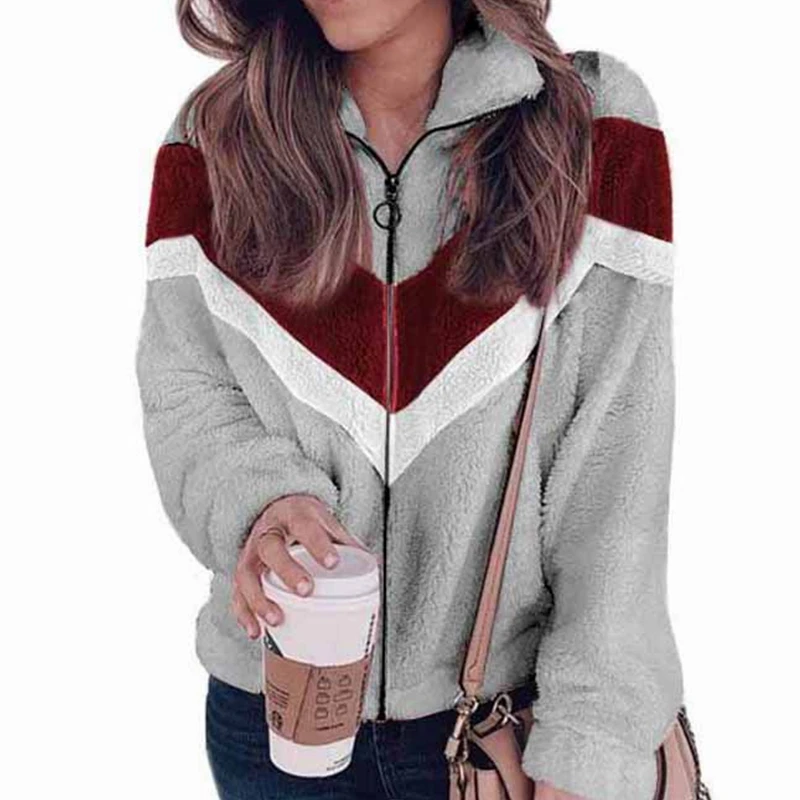 

Wepbel Keep Warm Loose Sweatshirts Tops Outwear Fleece Sweatshirt Zipper Cardigan Contrast Color Woolen Coat Top Autumn