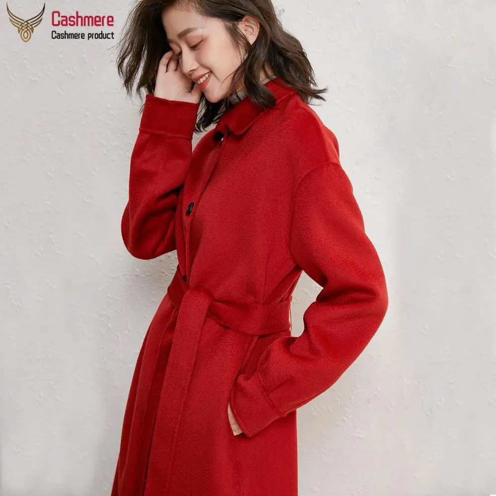 Wool coat women winter long wool retro loose female water ripple single-breasted lantern sleeve red | Женская одежда