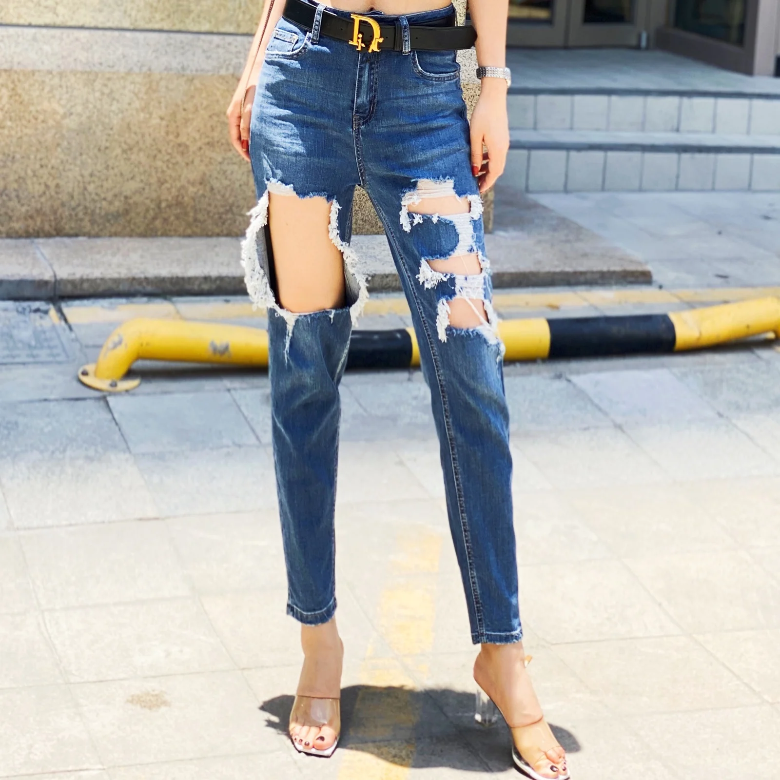 Euro 2021 new summer thin perforated jeans women's High Waist Stretch slim little feet quarter pants fashion