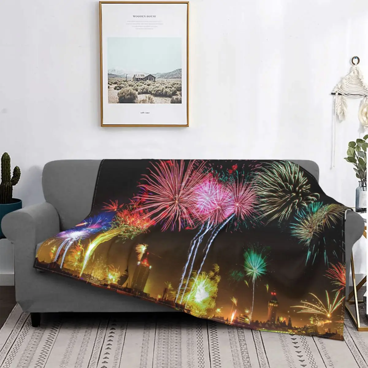 

New Years Eve Fireworks Blanket Christmas Winter Bedspread Plush Ultra Soft Cover Flannel Spread Bedding Bed Couch Fluffy