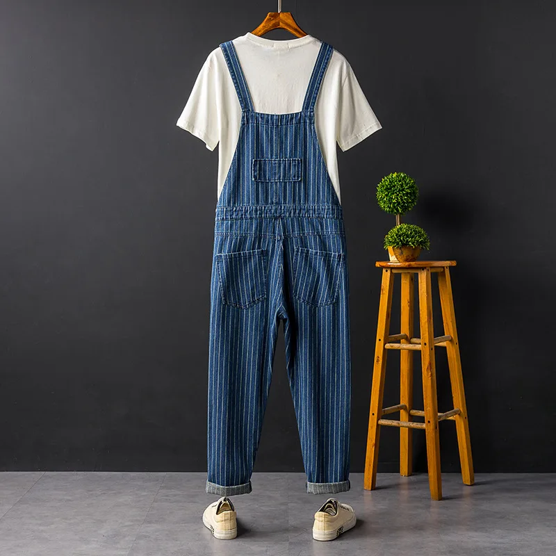 Men Harajuku Denim Trouser Braces Suspender Mens Regular Fit Blue Stripe Jeans Hip Hop Cargo Bib Overalls Loose Jumpsuit