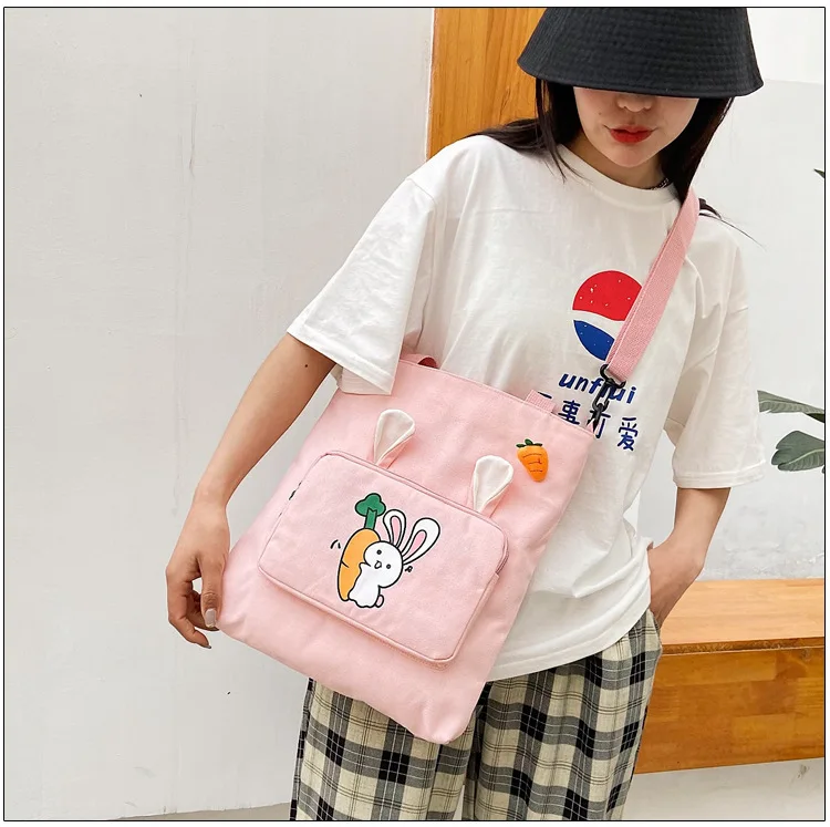 

Women Canvas Bag Kawaii Rabbit Shoulder Bag Female Reusable Large Capacity Shopper Tote Ladies Eco Cloth Shopping Bags
