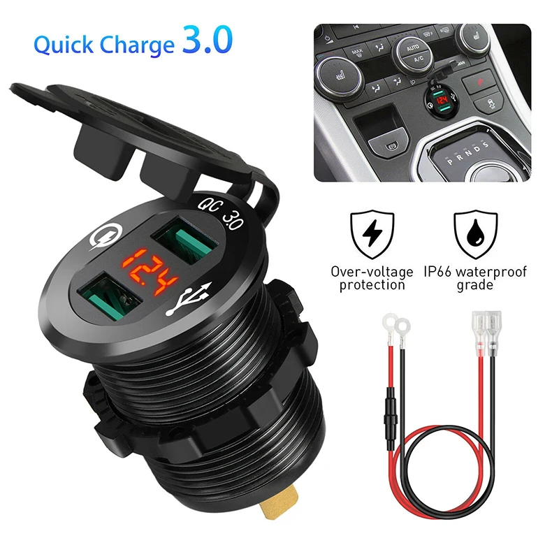 5V 3A Dual USB Car Charger QC 3.0 Cigarette Lighter Socket Splitter Quick Charger Power Adapter Outlet 10A Fuse Metal DC 12V/24V
