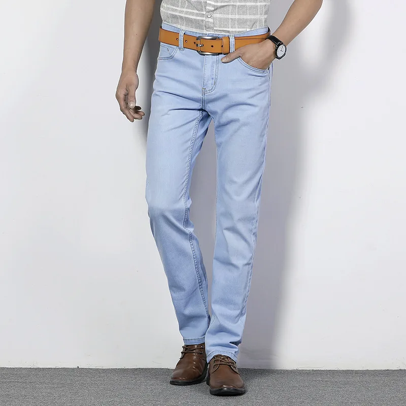 

2021 Spring and Summer New Men Thin Jeans Business Casual Stretch Slim Denim Pants Light Blue Black Trousers Male Brand