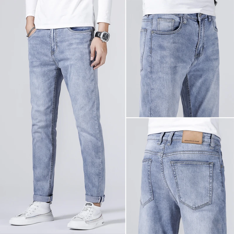 Мужские джинсы стрейч светильник-голубые зауженные хлопковые брюки в