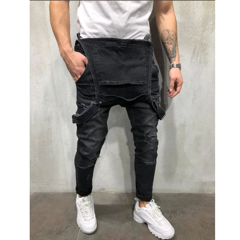 Стильный мужской комбинезон рваные штаны байкерские черные брюки повседневные