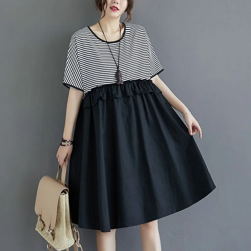 

Women Summer Loose Casual Dress New Arrival 2021 Simple Style O-neck Patchwork Striped Ladies Knee-length A-line Dresses S3717