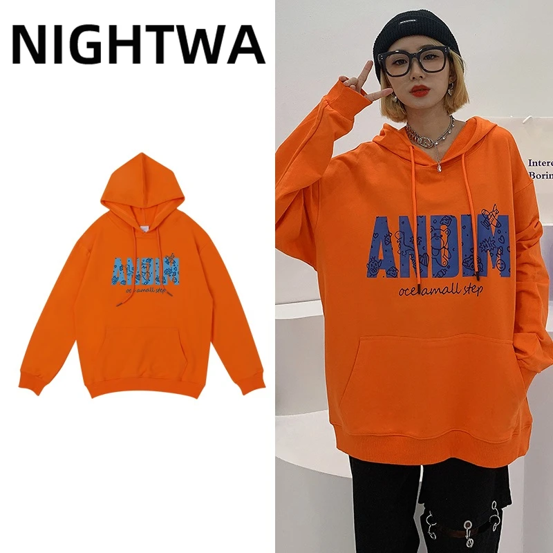 

NIGHTWA Oversized Women Hoodies Pure Cotton Letter Print Sweatshirt Multicolor Hoodie Womens Cool Hip Hop Streetwear Pullovers