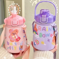 850ml cute stainless steel water bottle large kawaii thermos with straw strap insulated portable juice cup gift for girl kids