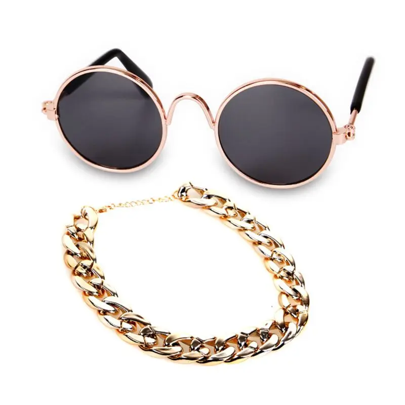 

4 Pcs Cool Pet Dog Cat Costume Fashion Sunglasses Chain Collar Straw Hat Tie Set D0LD