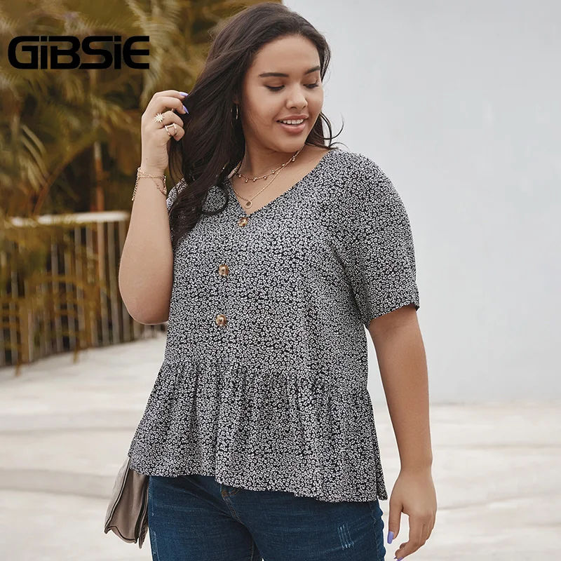 GIBSIE с винтажными пуговицами спереди принт женские топы и блузки размера плюс