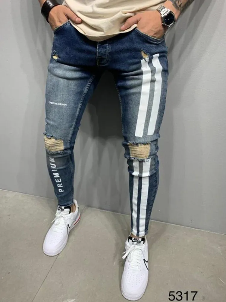 

New Tide Men's Sweatpants Sexy Hole Jeans Pant Casual Four Seasons Suitable Male Ripped Skinny Trousers Slim Biker Outwears Pant