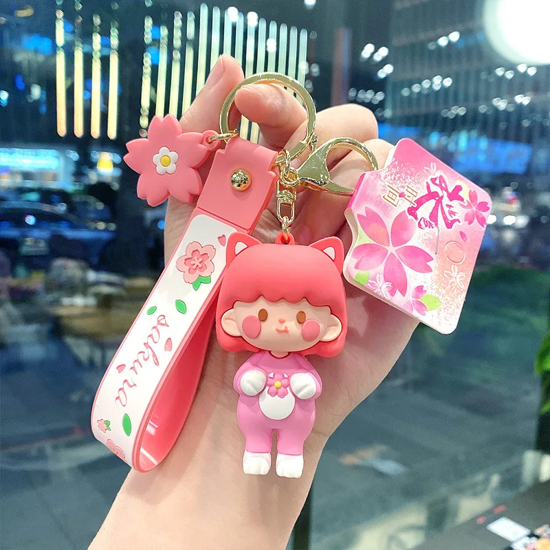 

Creative Cherry Blossom Girl Doll Keychain Lovely Cartoon PVC Toy Women Bag Charm Jewelry Pendant Car Key Accessories Keyring