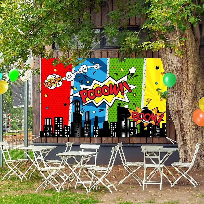 

Custom Superhero Comics City Birthday Party Banner Backgrounds Kid Boy Children Poster Photography Backdrops Photo Studio Props
