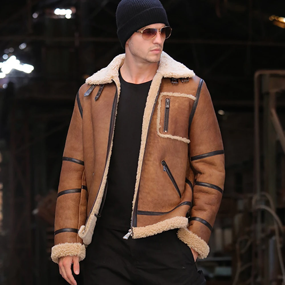 Мужская куртка из натуральной овчины черная качественной верхняя одежда кожи