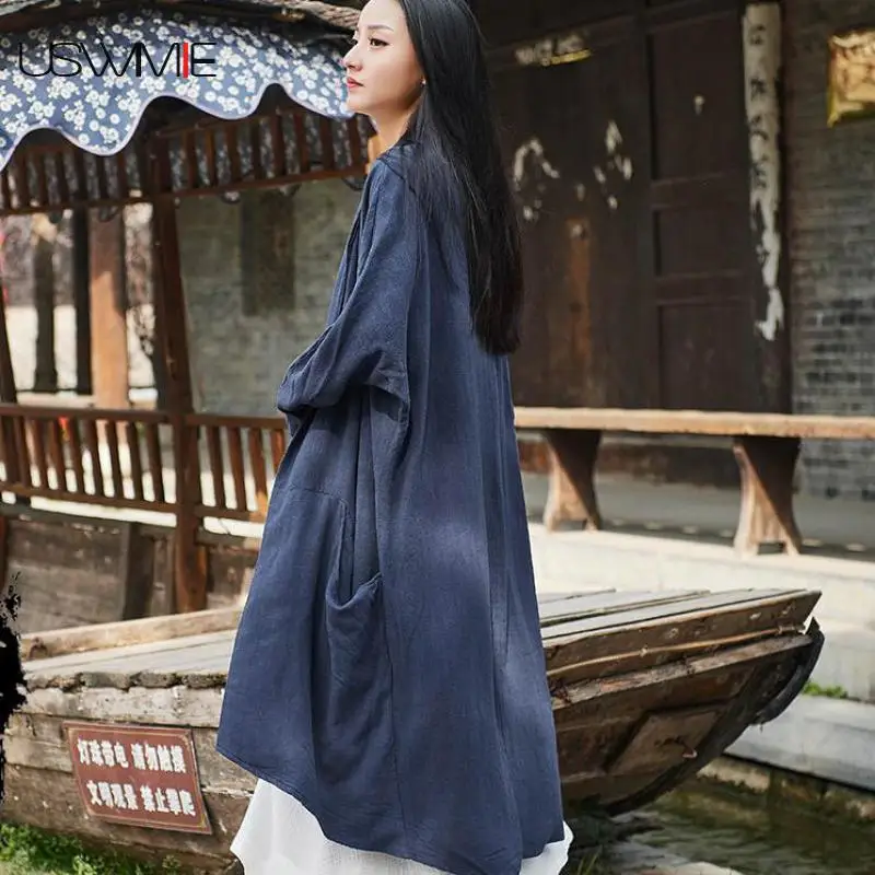 

Женские льняные блузки с v-образным вырезом, однотонная верхняя одежда с длинными рукавами и карманами, удобные длинные топы, осень 2020