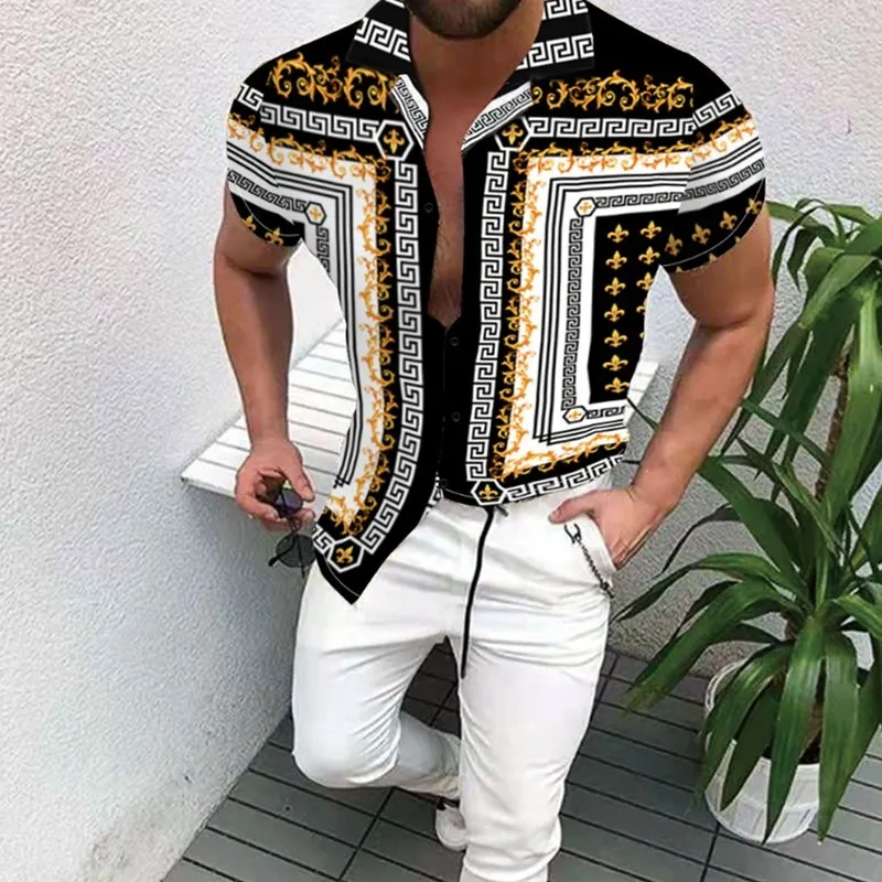 

Hot Sale 2021 New Summer Men's Clothing Printed Shirt Trend Cardigan High-end Short Sleeve Monogram Brand Shirt