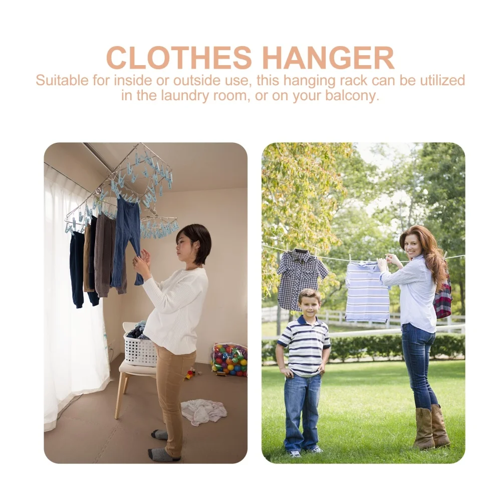 

Laundry Drying Rack Wind-Proof Clothes Hanger with 32 Clips Sock Drying Rack