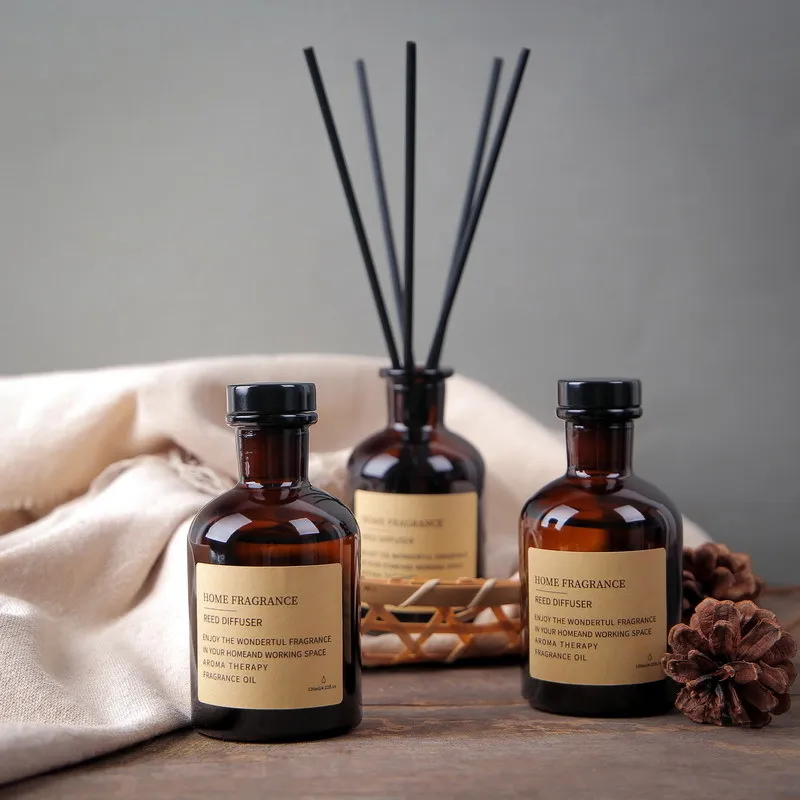 

120ml Home Fragrance Reed Diffuser Brown Aromatherapy Diffuser Glass Bottle Black Fiber Rattan Sticks for Home Decoration