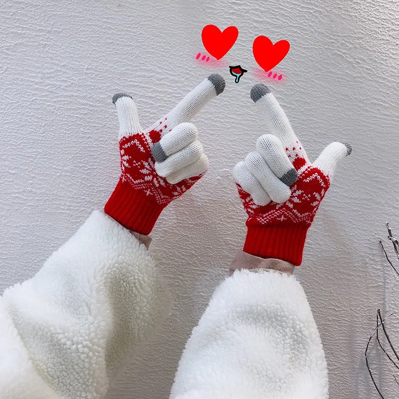 Women Winter Knitted Gloves Christmas Snowflake Touch Screen Korean Cute Warm Gloves