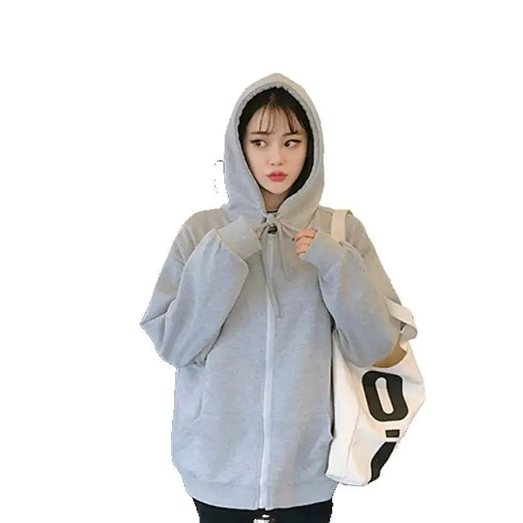 

Solid color hooded sweater women's zipper cardigan spring and autumn leisure sports coat loose and versatile Plush sweater coat