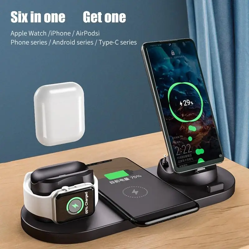 

2021 6 in 1 Fast Wireless Charger Stand for iPhone/Android/Type-C USB Phones 10W Qi Fast Charging For Apple Watch AirPods Pro