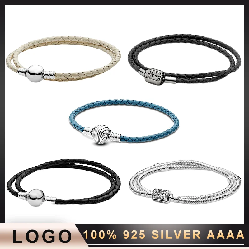 

S10 925 Sterling Silver Leather Double Wrap Braided Bracelet for Couples Boys and Girls Couples